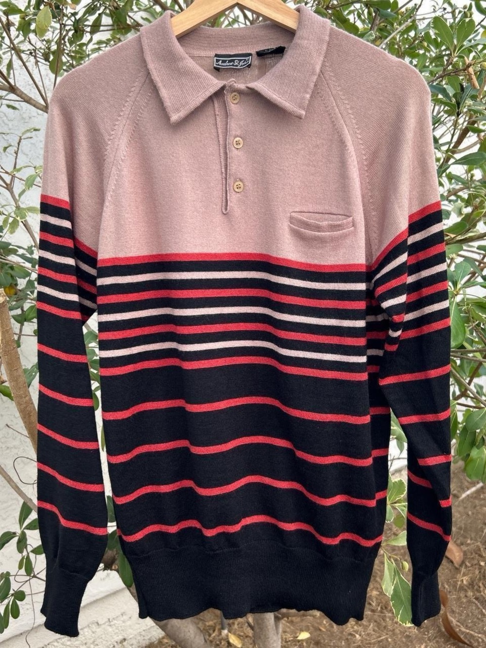 Vintage 80s Andrew St. John Striped Knit Polo Sweater XL